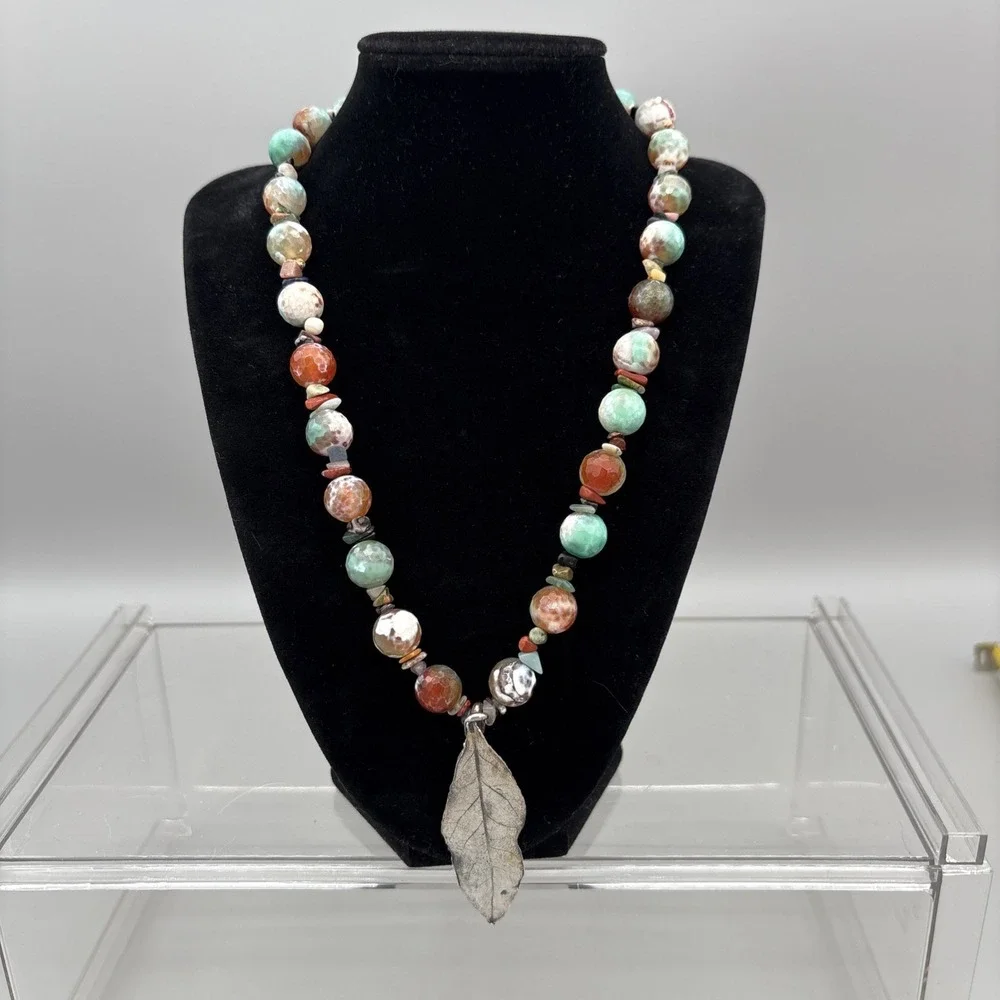 VTG Artisan Beaded Natural Gemstone Agate? Jasper? Silver Leaf Necklace GIFT 20